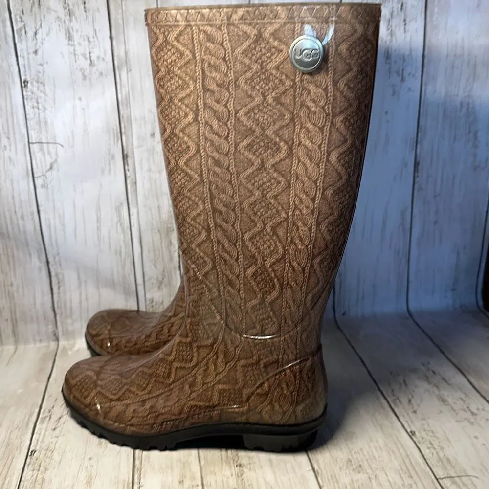 UGG SHAYE‎ Cable Knit  Rain Tall Boots w Fur Insole Size US 5, EU 36